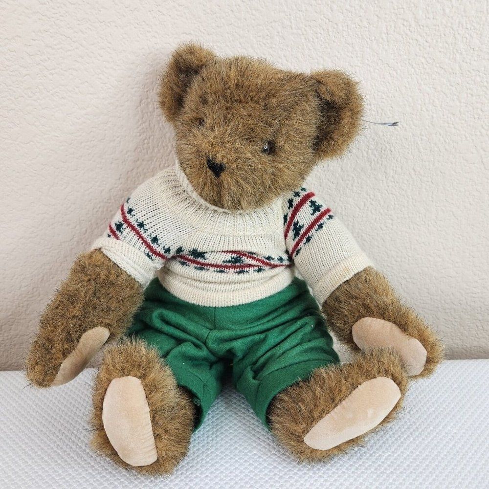 Vintage 90s Vermont Teddy Bear Winter Sweater Green Pants Jointed Articulated
